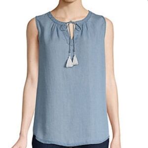 COPY - Chambray/ denim blouse tie tassle to neck line sleeveless  new